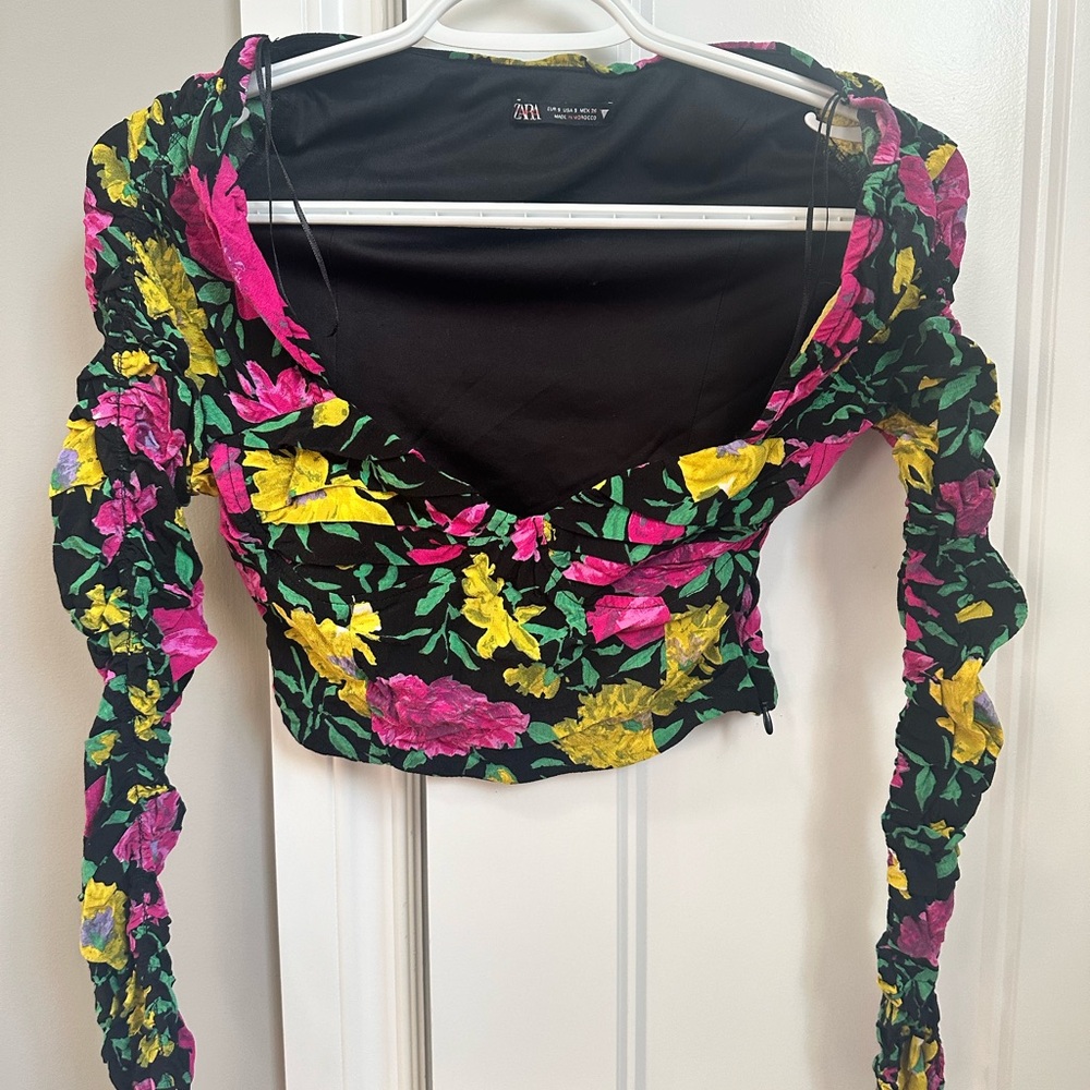 Floral Black Top with Pink and Yellow Accents